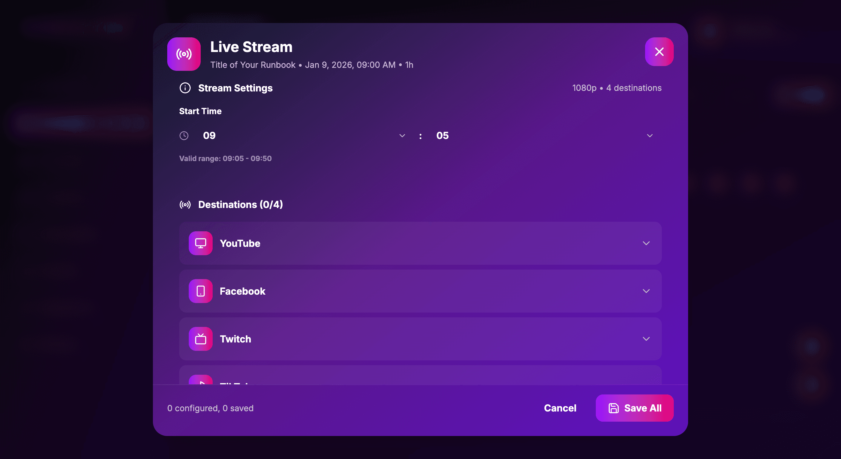 SimuLive Live Stream Configuration Modal