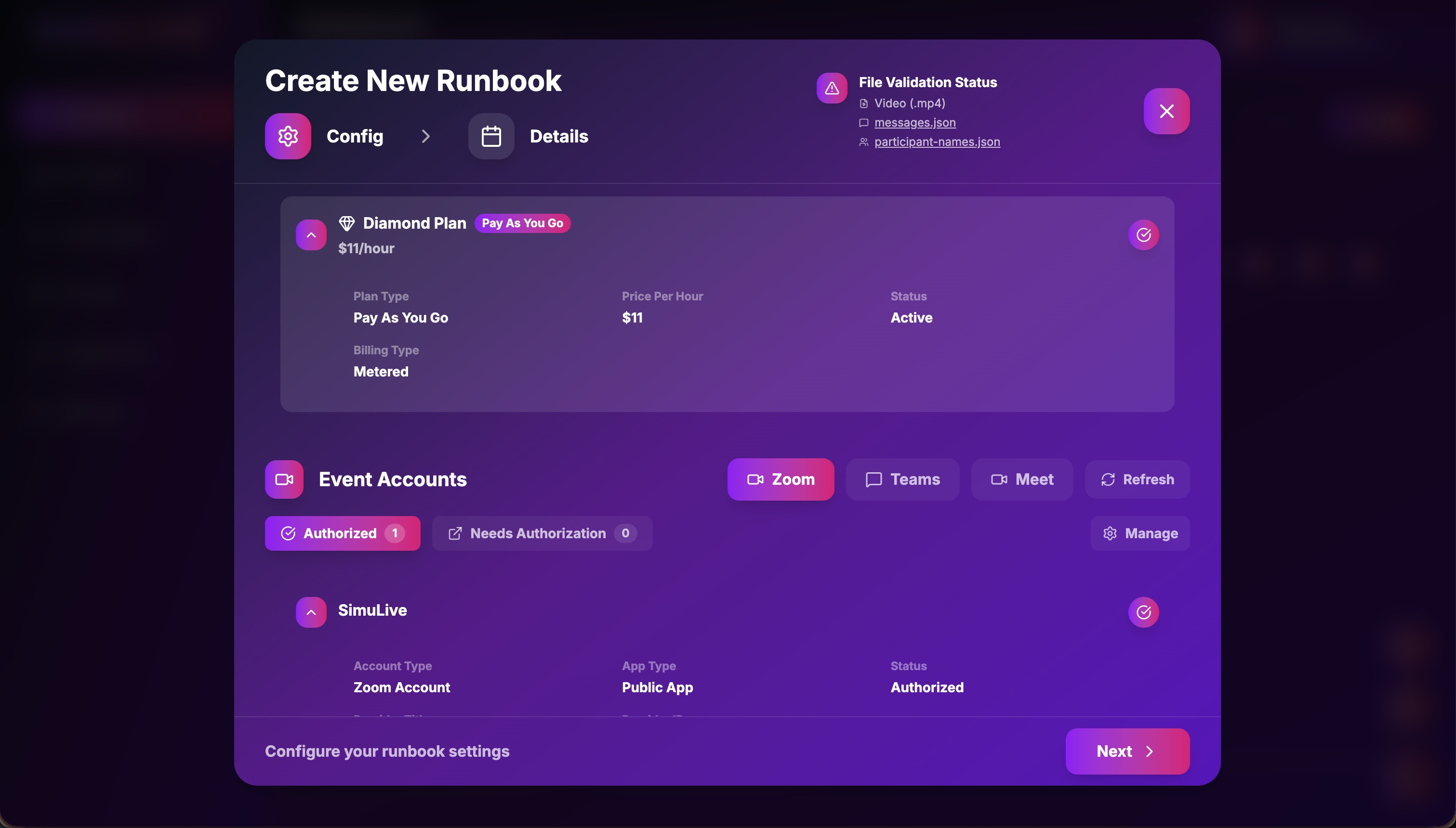 SimuLive Dashboard showing Runbook Creation Interface