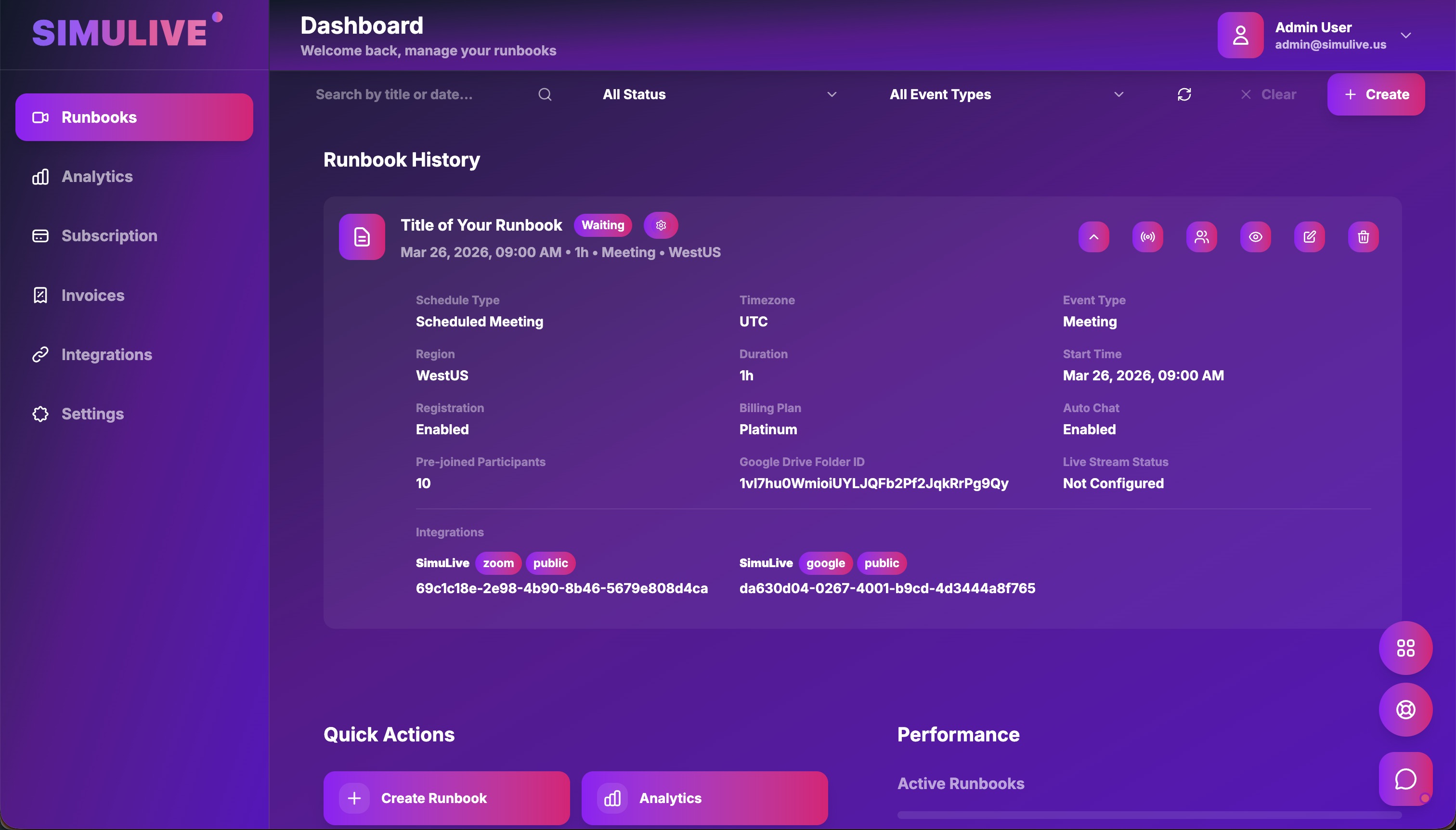 SimuLive Runbook Dashboard List