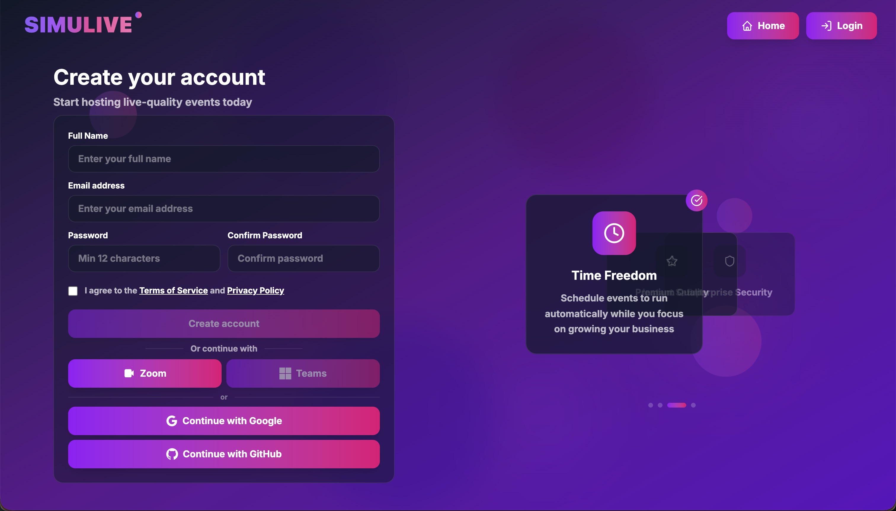 SimuLive Sign Up Page