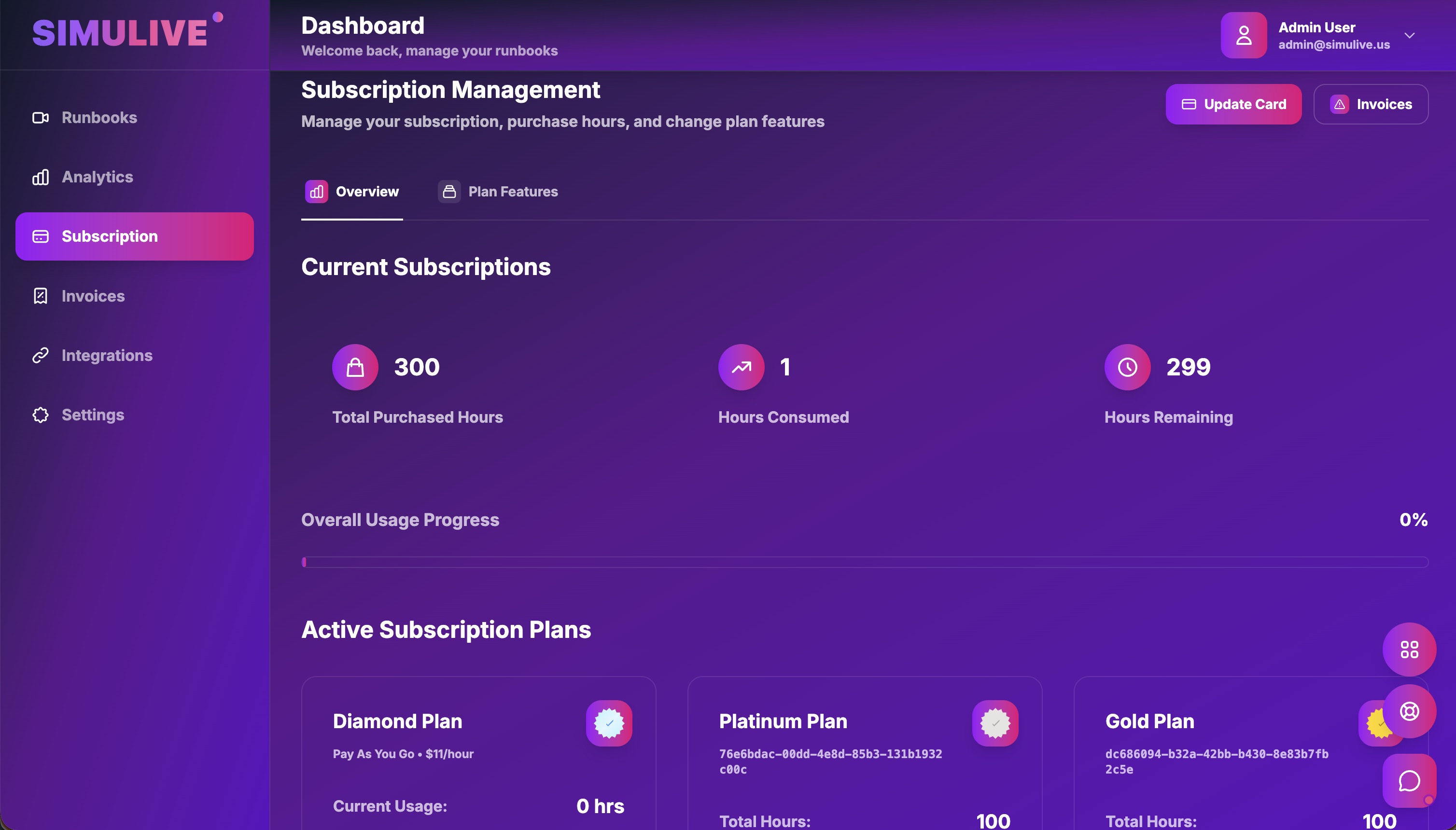 SimuLive Subscription Dashboard