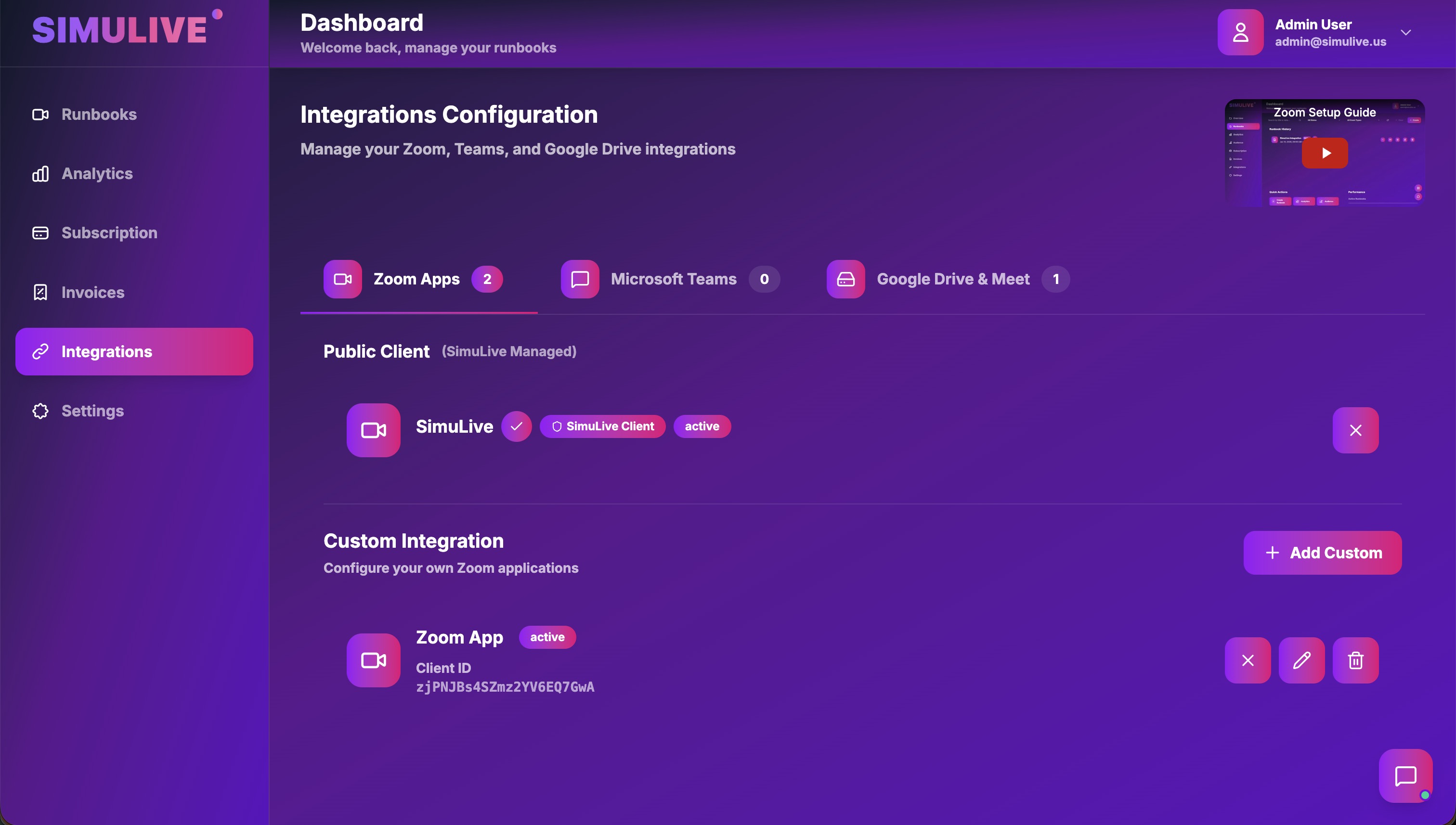 SimuLive Dashboard showing Multi Account Management and Centralized Webinar and Meeting Control